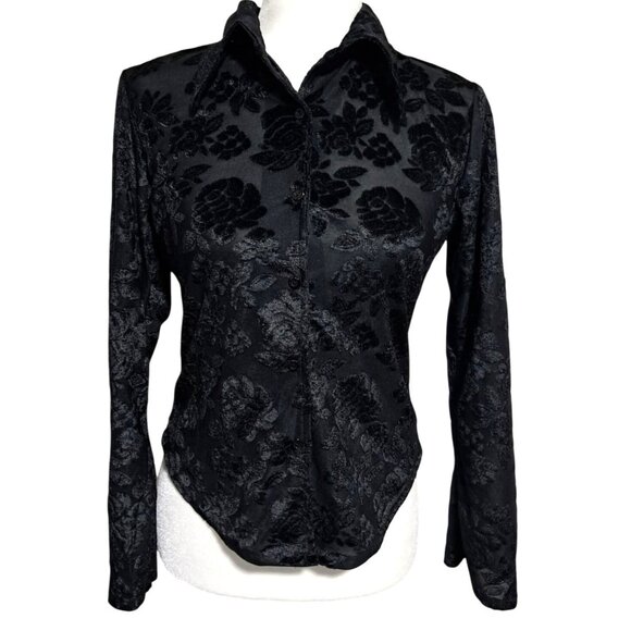 Sewng Tops - Sultry Gothic Vintage Swing Black Burnout Velvet Rose Floral Blouse Sz M Made In